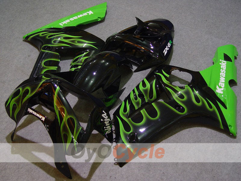 Injection Fairing kit for 03-04 NINJA ZX-6R - Green, Black - Flame #OYO87901803
