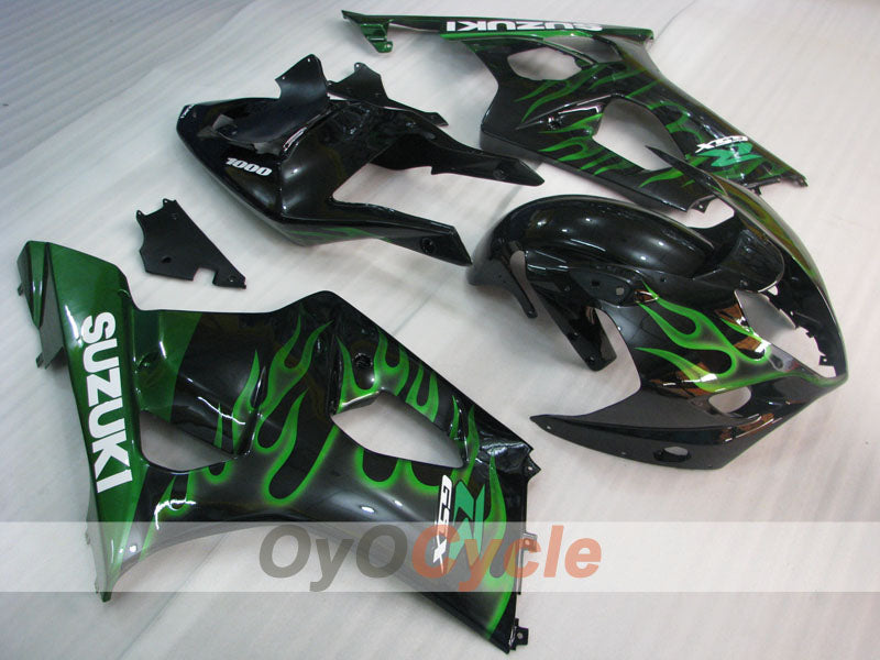 Injection Fairing kit for 03-04 GSX R1000 - Green, Black - Flame #OYO87901829 Main image