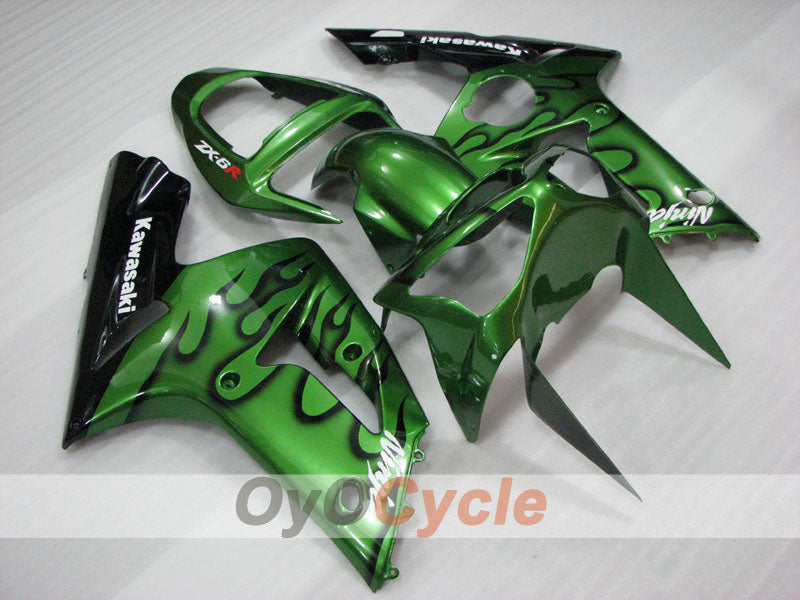 Injection Fairing kit for 03-04 NINJA ZX-6R - Green, Black - Flame #OYO87906038